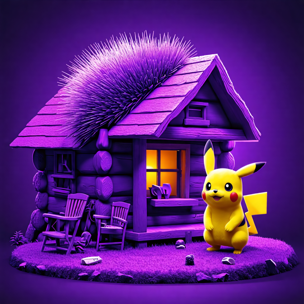 pikachu, cabin, mickey mouse, porcupine, purple